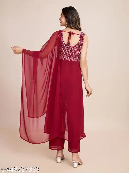 Georgette off-shoulder floral embroidered Kurta set with dupatta and salwar, traditional Indian wedding party wear for summer styles