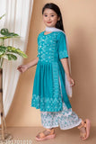 Embroidered rayon palazzo sets for girls, featuring printed naira design. Available in sizes 1-2 years to 9-10 years. Made in India