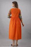 Orange rayon Anarkali printed kurta with three-quarter sleeves, suitable for casual or festive wear in various sizes (S-XXL). Rayon fabric is 100% natural and suitable for all weather
