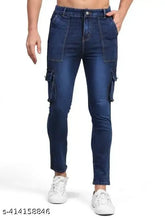 Blue denim six-pocket cargo jeans for men, size 28/30/32/34/36, made in India