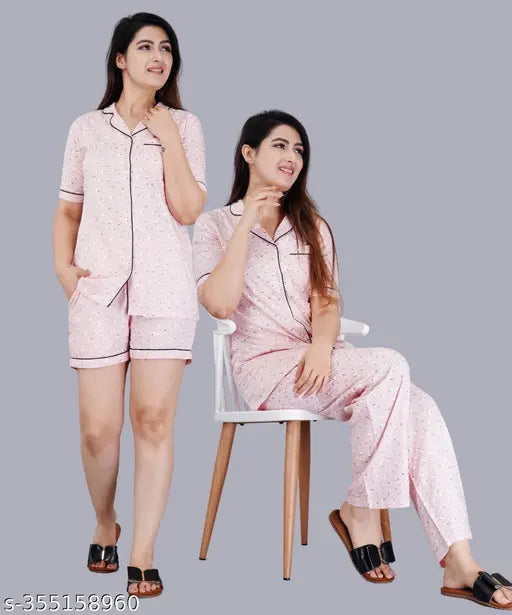 Pink rayon printed night suit combo set for women, featuring shirt and shorts