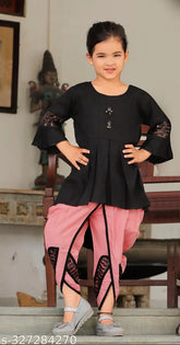 Rayon A-line kurti with dhoti pants for kids, solid color with show buttons and attached lace, sizes range from 4-5 to 11-12 years, Indian origin