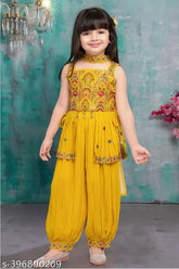 Sunflower yellow crepe kurta and dupatta set, embellished Indian outfit for kids aged 2-11 years