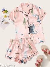 Silk blend winter nightsuit set, printed net pattern on elegant women's pyjamas, luxury satin shorts & shirts for summer, wedding, or bridal party