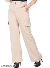 Women's beige cotton blend regular fit solid trousers - cargo style, fashionable workwear from India