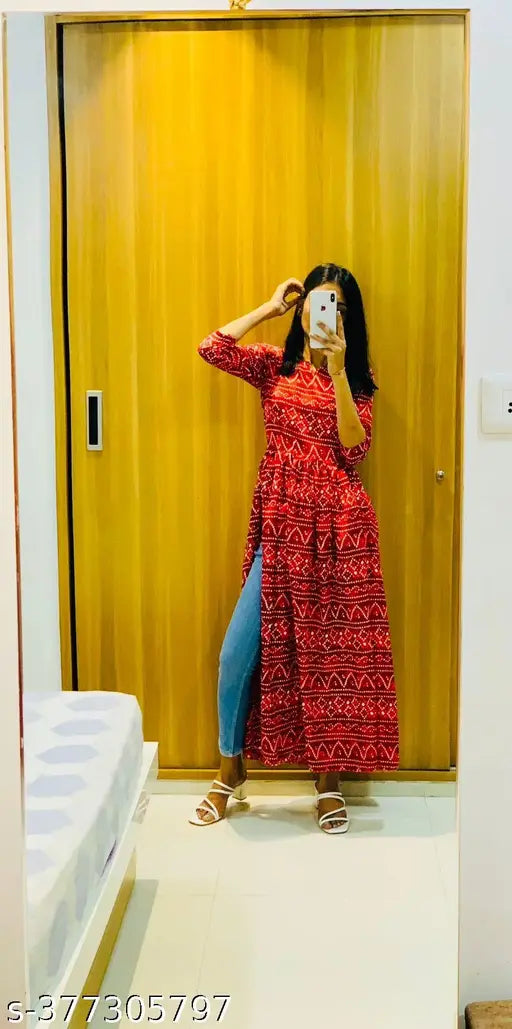 Printed crepe Nayra cut kurti, vibrant floral pattern, versatile styling for casual to festive occasions, loose fit and easy maintenance, inspired by traditional Indian designs