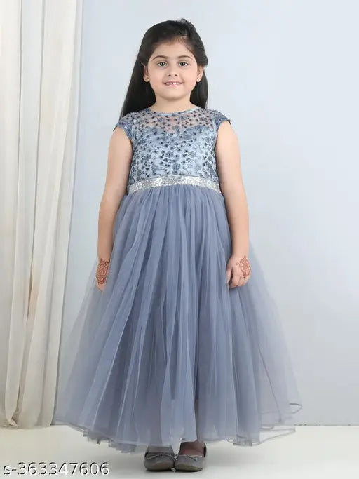 Fuchsia and grey printed full-length party dress for kids (1-10 years), embellished net material, suitable for parties, festivals, weddings, or ceremonies
