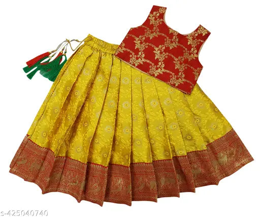 Red and green traditional kid's art silk pattu Pavadai Lehenga Choli, intricate zari stitch with broad annam border