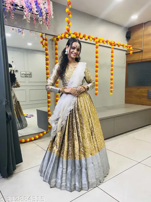 Traditional zari work art silk half saree with net dupatta, embroidered and solid ethnic motif in semi-stitched choli and dupatta, ready to ship from India (40in waist, 42in length, 3.6m flair, 2.25m dupatta)