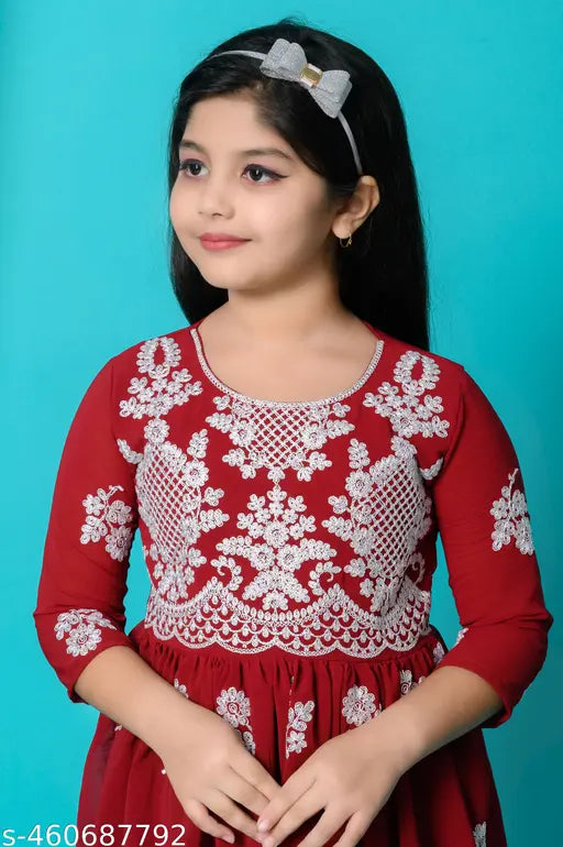 Indian polyester embroidered net kids' ethnic gown, three-quarter sleeves, traditional festive wear for children