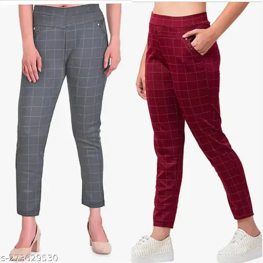Grey Maroon Lycra checkered net women's/girls pant combo, featuring double pockets and stretchable design for comfort. Available in sizes 24-32