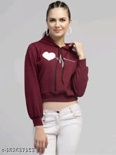 Maroon fleece women's crop sweater with heartbeat print, long sleeves, size M