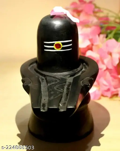 Handcrafted black marble Shivling idol with tilak, intricately painted by SCULPTO MANIS, traditional Indian spiritual artifact