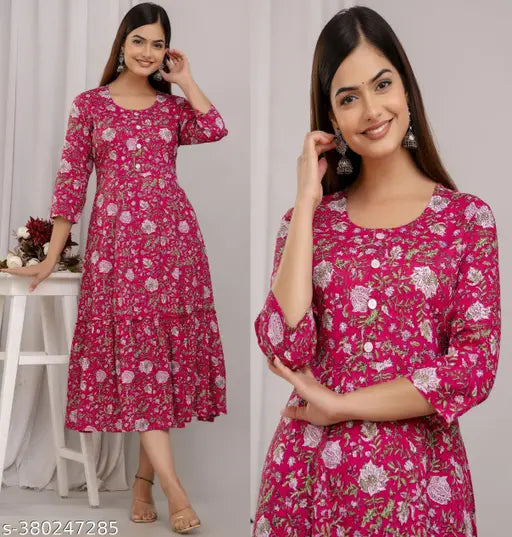 Rayon printed Anarkali kurti, three-quarter sleeves, trendy, lightweight, casual wear for women