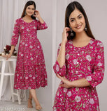 Rayon printed Anarkali kurti, three-quarter sleeves, trendy, lightweight, casual wear for women