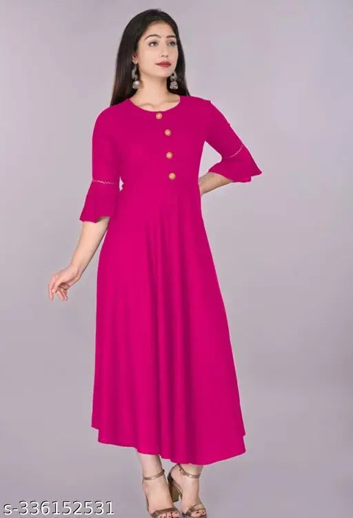 Pink rayon flared kurta, solid design for women's casual wear