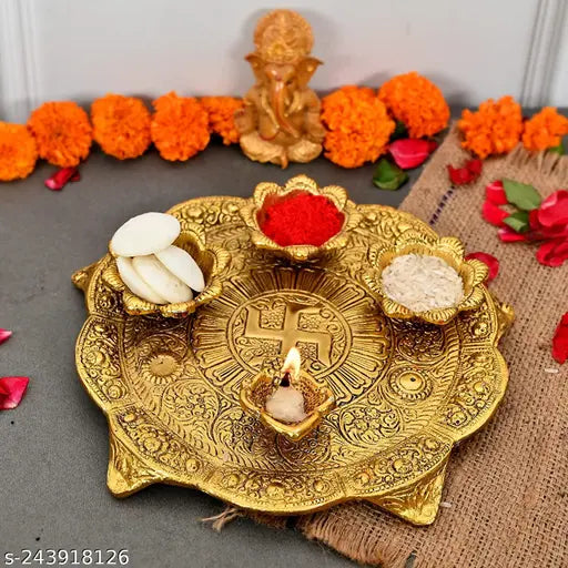 Gold-plated Aluminium Badhi Puja Thali with 4 Diya - Handcrafted Indian showpiece for temple & home decoration