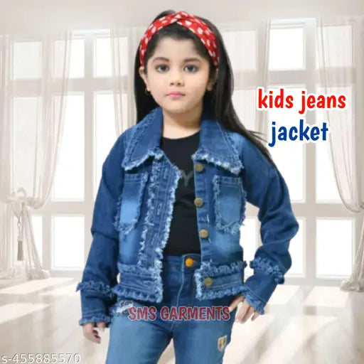 Trendy blue denim jacket for girls, long sleeves, frayed design. High-quality Indian-made kids outerwear for chilly days and fashionable looks. #GirlsDenimJacket #TrendyKidsWear #StylishKidsOutfits #DenimJacketForKids #FashionableKids #VersatileKidsFashion
