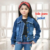 Trendy blue denim jacket for girls, long sleeves, frayed design. High-quality Indian-made kids outerwear for chilly days and fashionable looks. #GirlsDenimJacket #TrendyKidsWear #StylishKidsOutfits #DenimJacketForKids #FashionableKids #VersatileKidsFashion