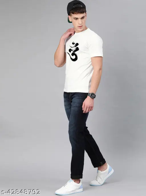 Colorful Threads Om graphic printed round neck half sleeve white 100% cotton men's t-shirt, great for gym and events, long-lasting quality, made in India