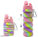 Multicolor silicone collapsible water bottle, 0.5L capacity, leak-proof, dishwasher safe, portable design with snap hook for easy carrying