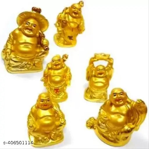 Golden laughing Buddha set of 6, Fengshui home decor figurines made of polystone gold