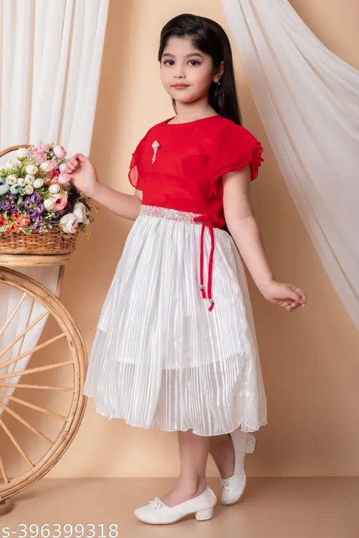 Red and silver chiffon multicolored party dress, below knee length, for 18 years little princess