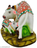Multicolor marble dust polyresin cow and calf showpiece figurines, symbolizing Indian religious good luck gift items (8x15x8cm)