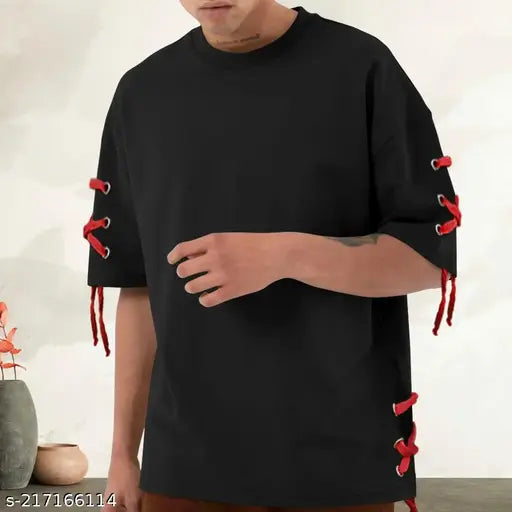 Black cotton blend round t-shirt for men, solid design by Eyebogler, softens with wear, lightweight & breathable