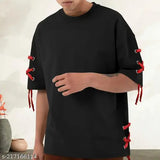Black cotton blend round t-shirt for men, solid design by Eyebogler, softens with wear, lightweight & breathable