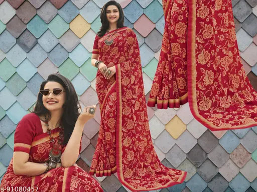 Peach georgette saree with dupion silk blouse (Free Size, 5.5m length), daily wear in India