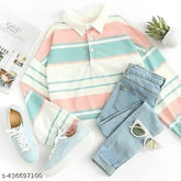 Pastel Perfection Striped LongSleeve Polo Collared T-shirt with ButtonUp Front, featuring vibrant pastel pink, blue, and white stripes on Lycra fabric, perfect for casual wear in various sizes (S, M, L, XL) from India