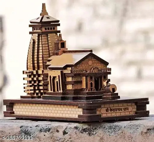 Handcrafted wooden Kedarnath Temple miniature model, ideal for car dashboard, office desk, or home temple. Measures 8 cm (L) x 10 cm (H) x 0.5 cm (B). Indian artifact and showpiece