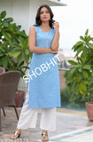 Rayon blue kurta with white palazzos, colorblocked design, sleeveless set on display stand, Indian origin