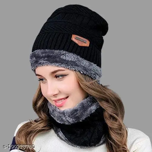 Woolen winter beanie & neck warmer set (2 pcs) - high-quality wool, fur pattern, keeps women warm in snowy weather
