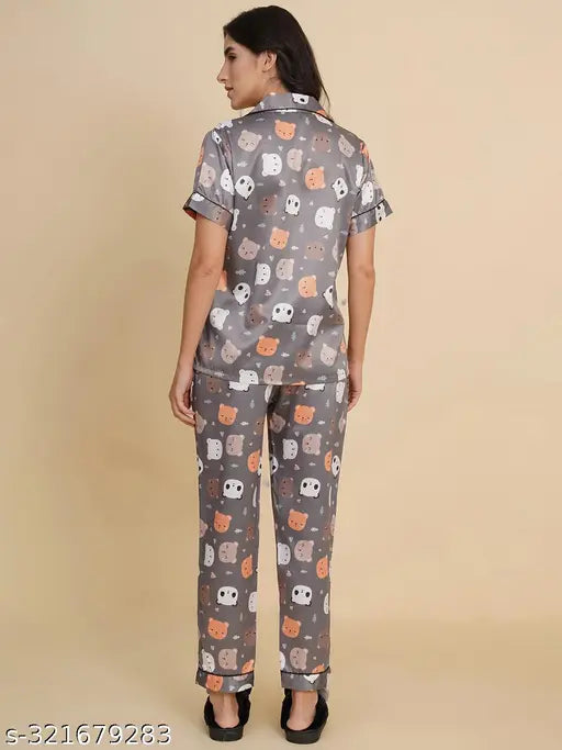 Grey panda print satin night suit for women, comfortable sleepwear with half sleeves, notch collar, and elastic waist, made from soft silk satin, country of origin: India