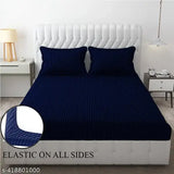 Premium royal blue satin stripe fitted bedsheet set - polycotton, stain-resistant, breathable, hypoallergenic. Ideal for summer. Set includes double bedsheet and 2 pillow covers