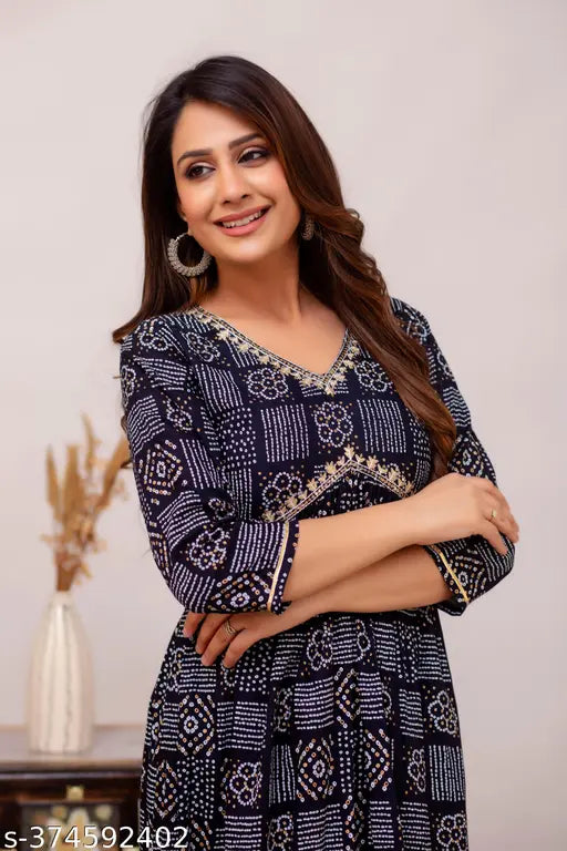 Rayon Anarkali Kurta, printed combo, three-quarter sleeves, Anita Collection, Indian ethnic wear (S36, M38, L40, XL42, XXL44, 3XL46, 4XL48, 5XL50)