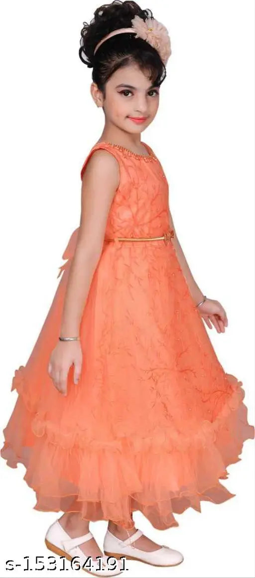 Trendy net sleeveless dress for girl, solid color design in various sizes (3-4, 4-5, 5-6, 8-9, 9-10, 10-11 years) from India