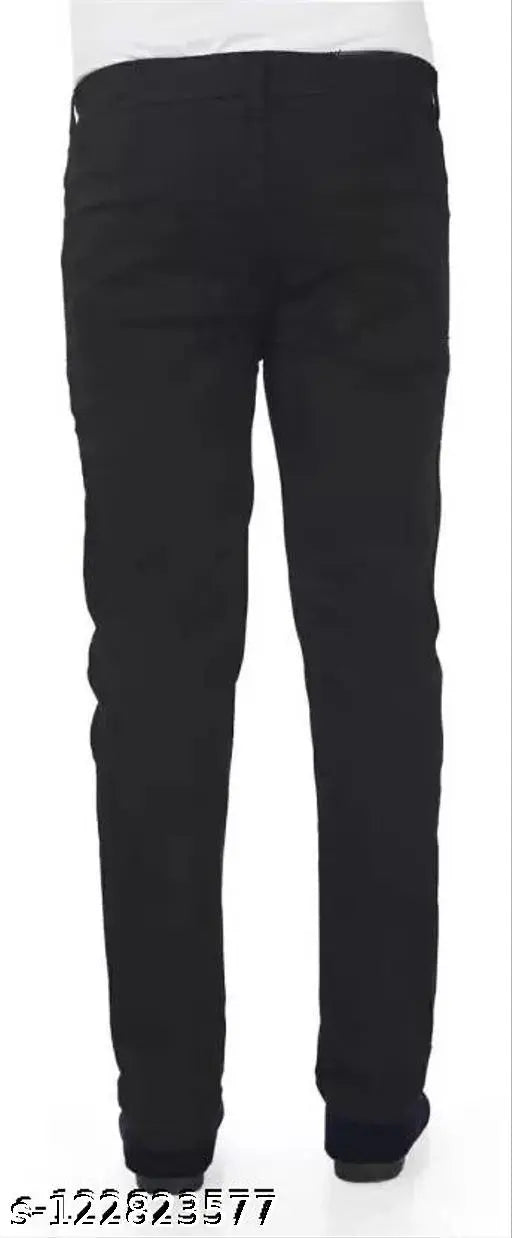 Black denim men's slim fit knee-cut jeans by FLETE FASHION. Distressed knees and solid pattern, hand wash only, size 28/30/32