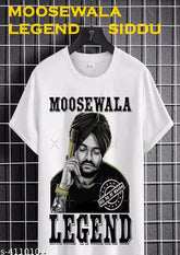 White printed Siddu Moosewala t-shirt, short sleeves, polyester fabric, Indian pop culture design