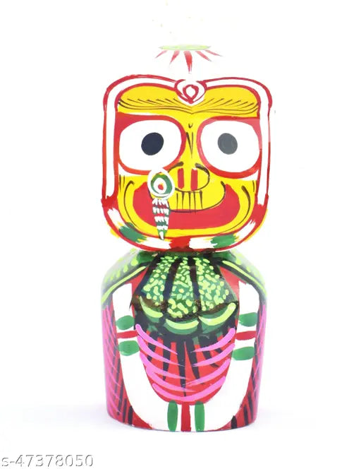 Real Wooden Lord Jagannath Idol Set with Sudarshan (20 cm), traditional Indian religious statue for home decor