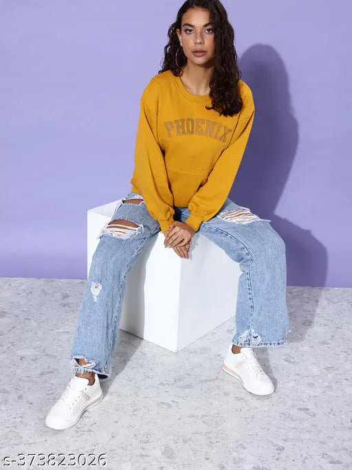 Cotton Dillinger Mustard oversized sweatshirt, printed design on long sleeves, stylish apparel from India