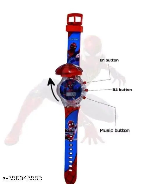 Blue silicone Spiderman disco light watch with music, digital display and glowing LED, ideal for unisex kids