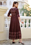 Rayon printed plus size Anarkali kurti, three-quarter sleeves, coffee color