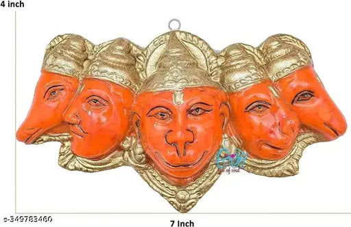 Orange polyresin Panchmukhi Hanuman Murti, 7x4 inches, decorative door entrance statue for pooja temple, Vastu gift