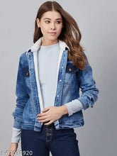 Solid blue denim jacket, soft faux fur lining, dyed/washed women's style from India