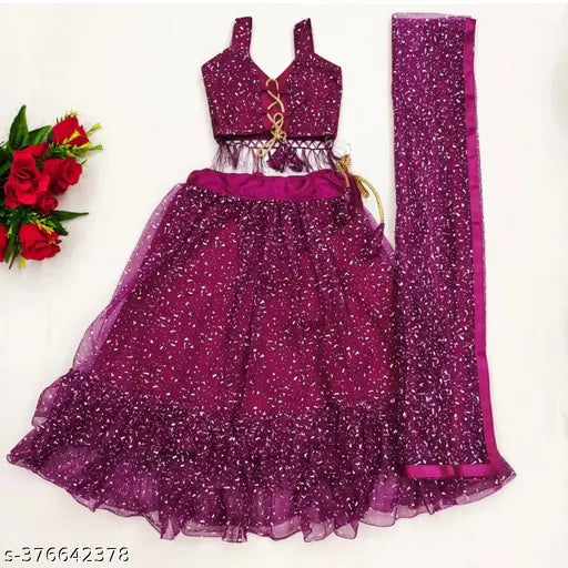 Trendy kids net lehenga choli set, marble print with duppatta, Indian traditional outfit for 2-11 year-olds