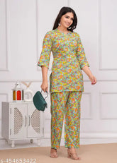 Jaipuri-printed women's cotton nightsuit set, features breathable fabric and vibrant colors