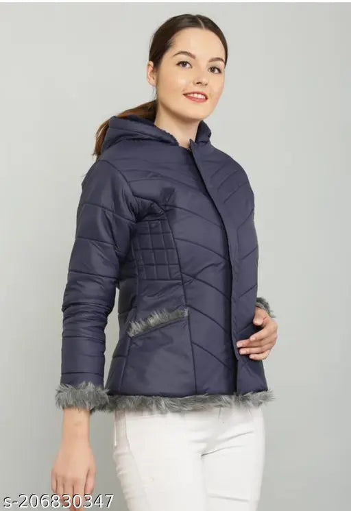 Navy Blue Fur Quilted PU Jacket - Solid design, long sleeves, size S (34in bust, 24in length), made in India